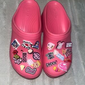 CROCS Pink Clogs with Trendy Stickers